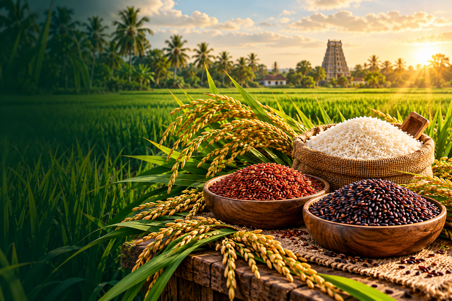 Traditional rice varieties displayed with a sunlit Tamil Nadu rice field